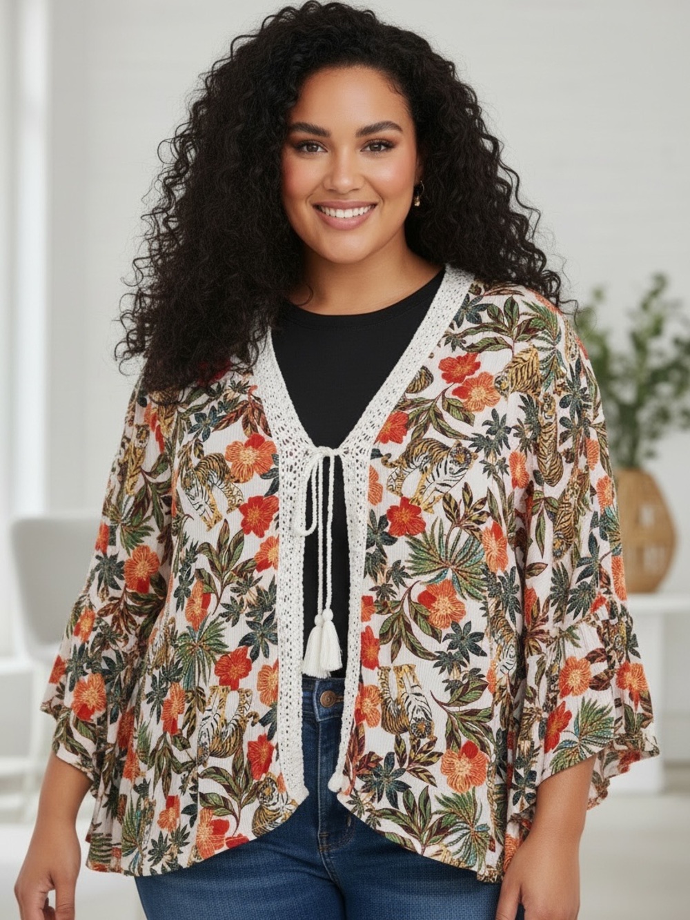 Jessica Simpson Cream Crochet-Trim Floral Tunic with Orange & Green Print